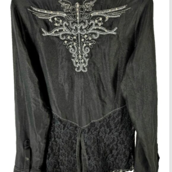 NEW Women's Buckle Black Long Sleeve Blouse Y2K Gem Stone Snaps Crystals Western - Picture 4 of 13